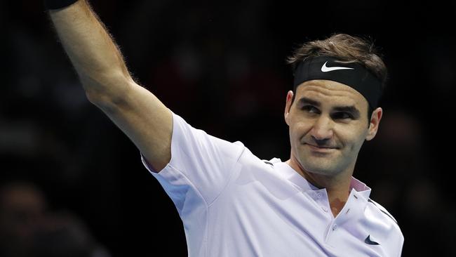 Roger Federer of Switzerland celebrates after beating Jack Sock.
