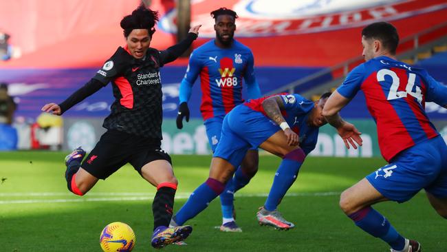 Liverpool’s Takumi Minamino scores his side’s first goal against Crystal Palace at Selhurst Park