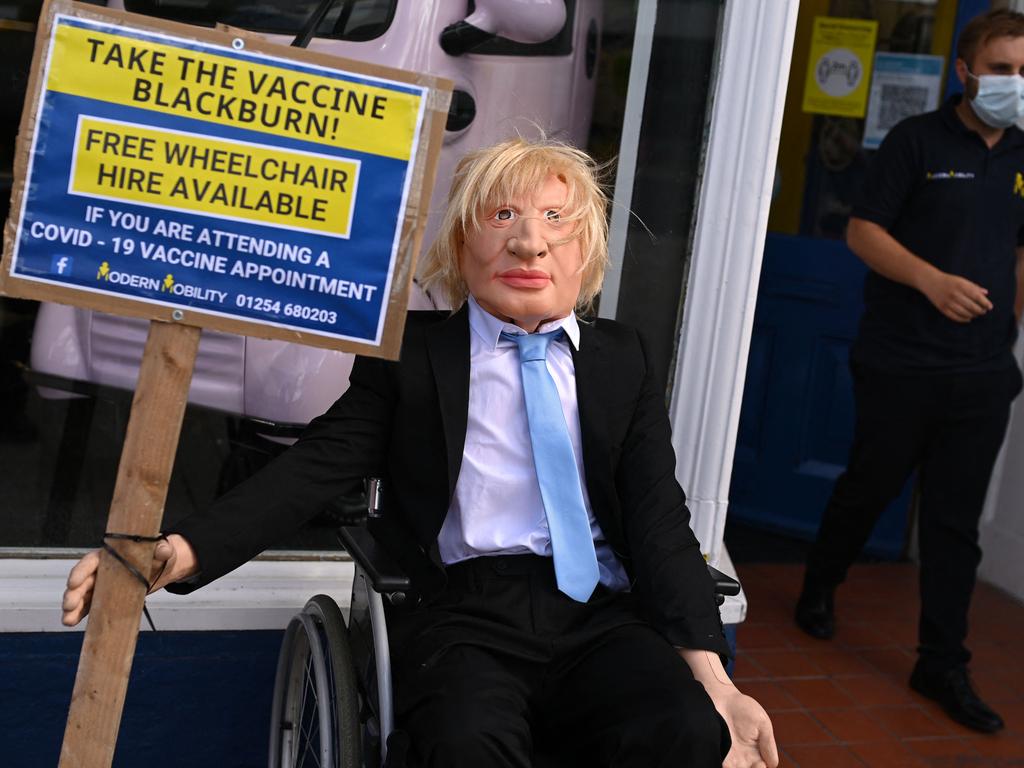 A Boris Johnson dummy urges Brits to get vaccinated. Picture: AFP