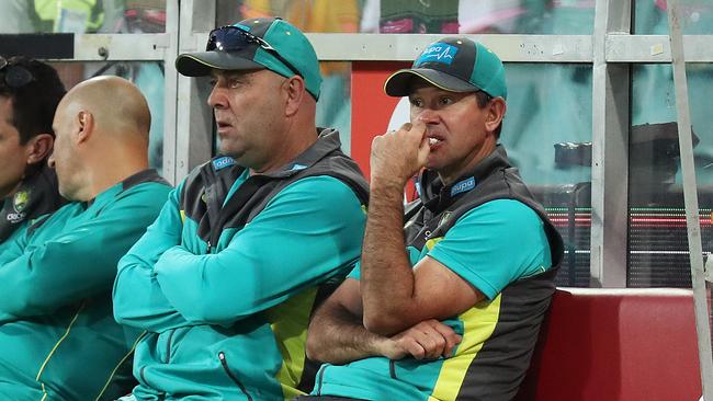 Former Australian coach Darren Lehmann helped bring Australia up the ICC T20 rankings with the help of assistant Ricky Ponting (R). Picture: Brett Costello