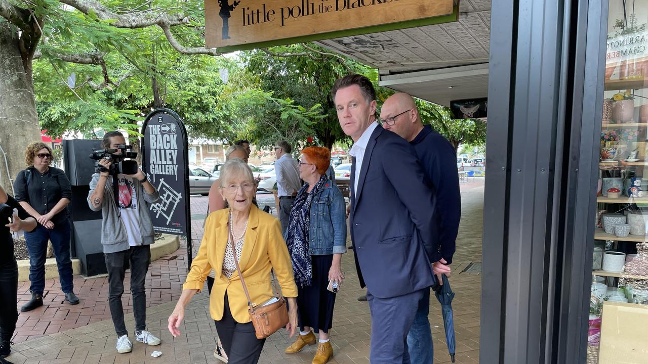 Premier Chris Minns and Lismore MP Janelle Saffin in Lismore CBD, with Mayor Steve Krieg behind. Picture: Savannah Pocock