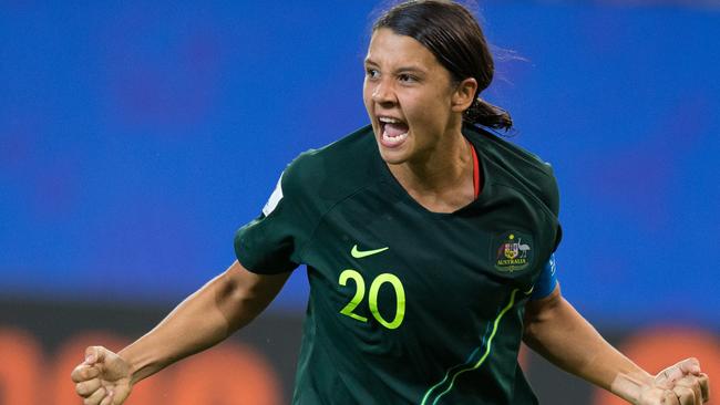 GRENOBLE, FRANCE - JUNE 18: Sam Kerr of Australia celebrates scoring her side's and her own fourth goal during the 2019 FIFA Women's World Cup France group C match between Jamaica and Australia at Stade des Alpes on June 18, 2019 in Grenoble, France. (Photo by Craig Mercer/MB Media/Getty Images)