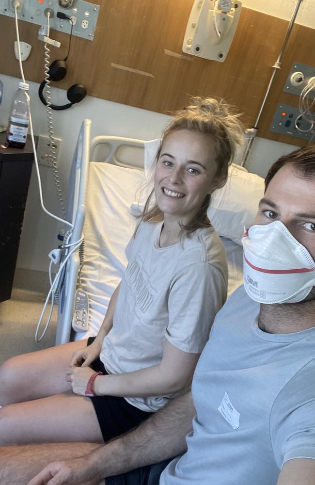 Hobart couple Maddy Grace and Chris Mazengarb when they were in Melbourne after Maddy‘s accident. Picture: supplied