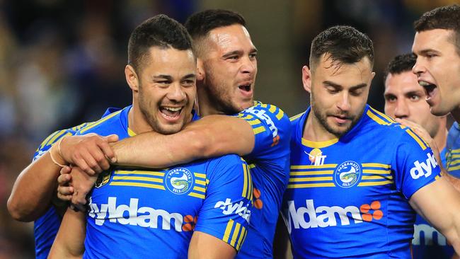 Fallen Eels star Jarryd Hayne celebrates Parramatta's grand final