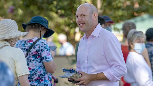 Independent MP for Waite Sam Duluk handing out how to vote cards at Mitcham Village Uniting Church Hall School. Picture: Naomi Jellicoe