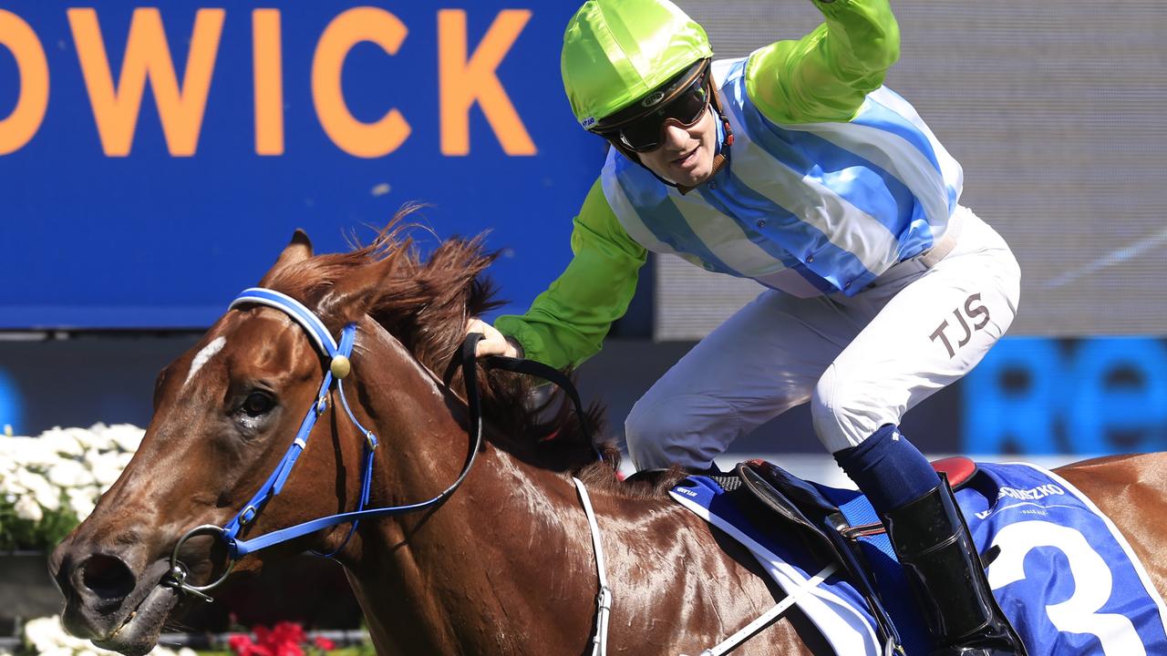 Tyler Schiller celebrates after winning The Kosciuszko with Front Page last spring. Picture: Mark Evans/Getty Images