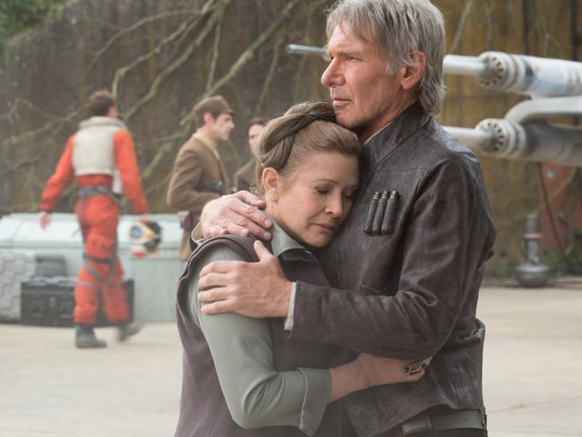 Old mates ... Han Solo comforts  Leia (Carrie Fisher) in the new film.