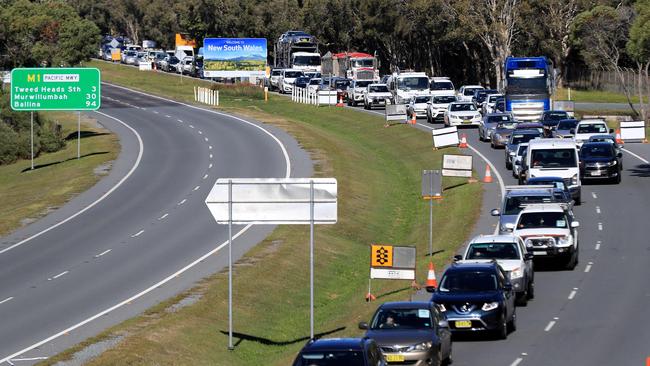 Traffic builds up at the Coolangatta border crossing into Queensland today. Picture: Adam Head