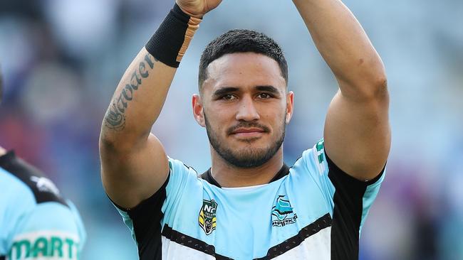 Valentine Holmes celebrates victory after the Cronulla Sharks v Bulldogs NRL match at ANZ Stadium, Homebush. Picture: Brett Costello