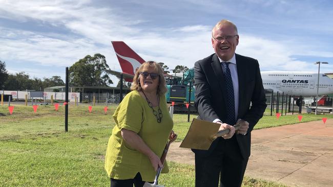 Shellharbour Mayor Marianne Saliba and Kiama state Liberal MP Gareth Ward kick off construction on the new airport terminal. Picture: Madeline Crittenden