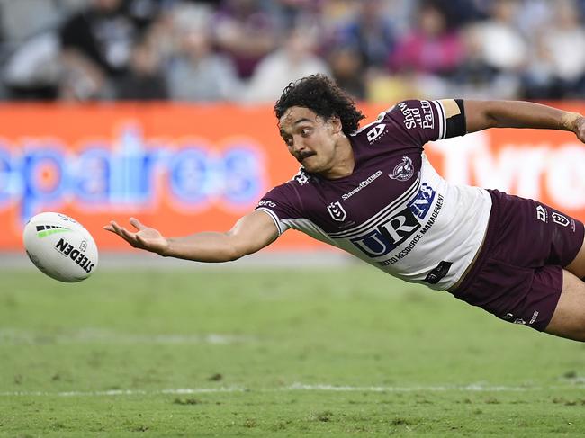 Morgan Harper struggled to contain Melbourne’s potent attack during the Sea Eagles’ 40-12 loss to the Storm. Picture: Ian Hitchcock/Getty Images