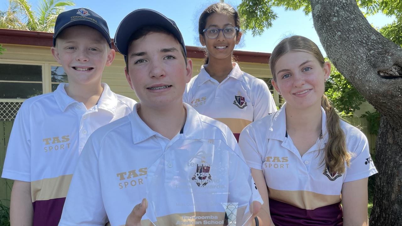 Celebrating their school being named Queensland's Most Outstanding Tennis School are (back left) George Mavoske, Vismaya Gowda, Riley Coutts and Alice Hubbard.