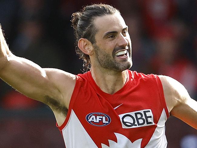 Sydney's Brodie Grundy celebrates kicking a goal  during the Round 6 AFL match between the Sydney Swans and Gold Coast Suns at the SCG on April 21, 2024. Photo by Phil Hillyard(Image Supplied for Editorial Use only - **NO ON SALES** - Â©Phil Hillyard )