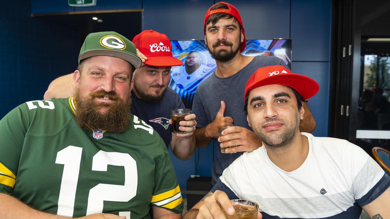 Watching the NFL Super Bowl at George Banks are (from left) Josh Kemp, Nick Myatt, Lawson Smith and Mark Aboud, Monday, February 14, 2022. Picture: Kevin Farmer