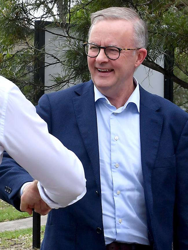 Labor leader Anthony Albanese greets a fellow MP. Picture: NCA NewsWire / John Gass