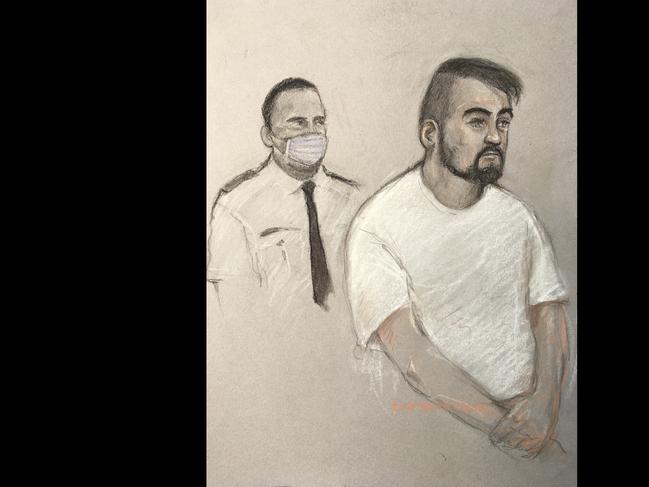 In this sketch, Andrew Banks, 28, appears at Westminster Magistrates’ Court in central London, where he pleaded guilty to one count of outraging public decency. Picture: Elizabeth Cook/PA via AP