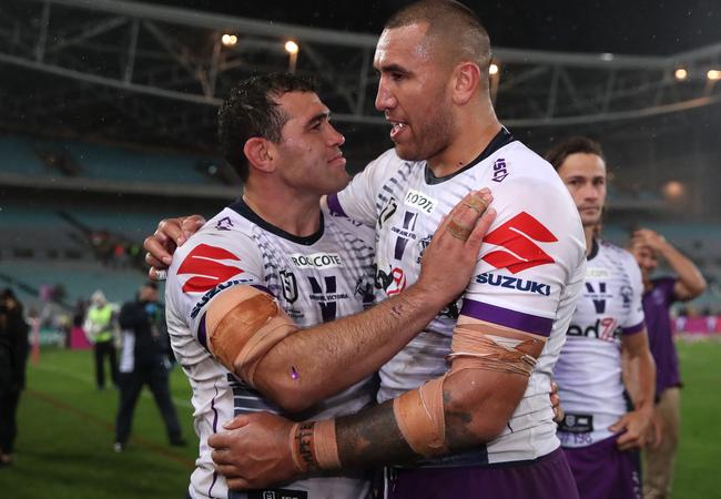 Dale Finucane and Nelson Asofa-Solomona celebrate victory.