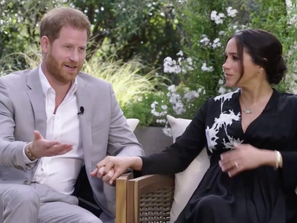 Harry and Meghan seen during their tell-all interview with Oprah Winfrey. Picture: CBS