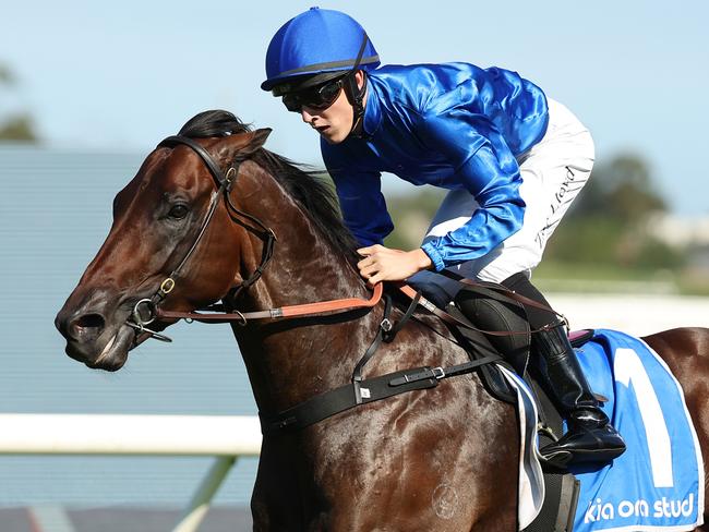 SYDNEY, AUSTRALIA - FEBRUARY 22: Zac Lloyd riding Broadsiding win Race 8 Kia Ora Hobartville Stakes during Sydney Racing at Rosehill Gardens on February 22, 2025 in Sydney, Australia. (Photo by Jeremy Ng/Getty Images)