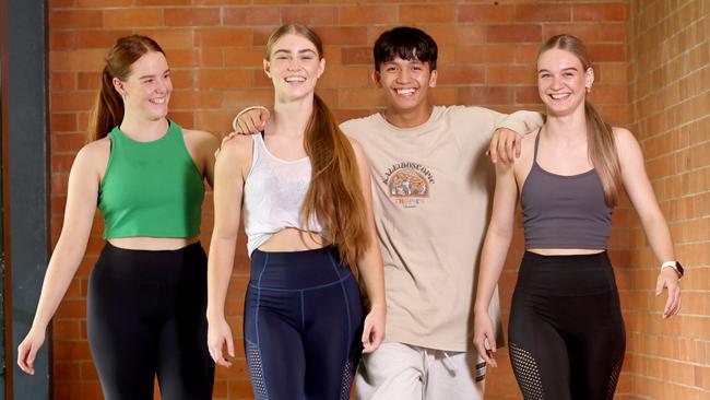 Emma McDonald, 17, Ormeau Woods State High School, Kyla Lambert, 17, Ormeau Woods SHS, Gian Recilla, 17, Harristown SHS, Hannah McIntyre, 16, Ormeau Woods SHS – four featured solo dancers in Creative Generation 2022 rehearsal. Picture: Steve Pohlner