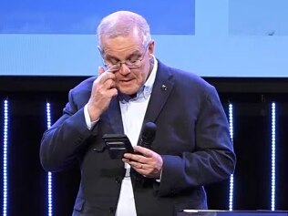 Scott Morrison tears up while addressing Horizon Church after his election defeat. Picture: YouTube/Horizon Church