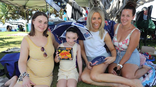 Gold Coast celebrates Australia Day at Broadwater parklands at Southport. Locals Cassie and Matilda Zorko with Liz Puze and Hailey O'Brien. Picture Glenn Hampson
