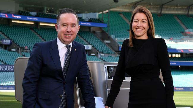 Qantas CEO Alan Joyce and Qantas Loyalty CEO Olivia Wirth launch the Platinum Club as part of the overhaul of the airline’s frequent flyer program. Picture: AAP