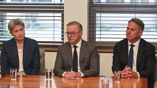 Three wise ministers: Foreign Minister Penny Wong, Prime Minister Anthony Albanese and Defence Minister Richard Marles. Picture: NCA NewsWire / Martin Ollman