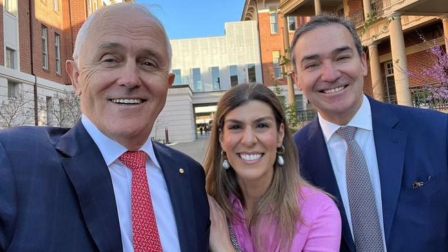 Liberal Candidate for Dunstan Anna Finizio with former prime minister Malcolm Turnbull and ex-premier Steven Marshall, who she is hoping to replace. Picture: Facebook