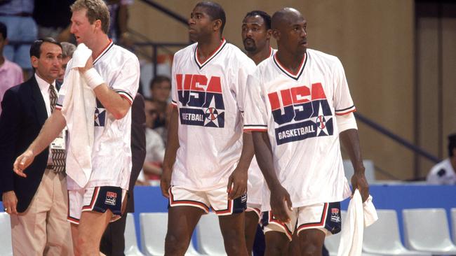 Larry Bird, Earvin (Magic) Johnson, Michael Jordan and Karl Malone at the 1992 Olympics. Photo: Mike Powell/Getty Images