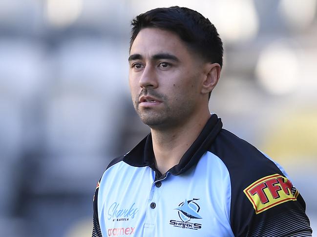 TOWNSVILLE, AUSTRALIA - JUNE 18:  Shaun Johnson of the Sharks looks on before the start of the round 15 NRL match between the North Queensland Cowboys and the Cronulla Sharks at QCB Stadium, on June 18, 2021, in Townsville, Australia. (Photo by Ian Hitchcock/Getty Images)