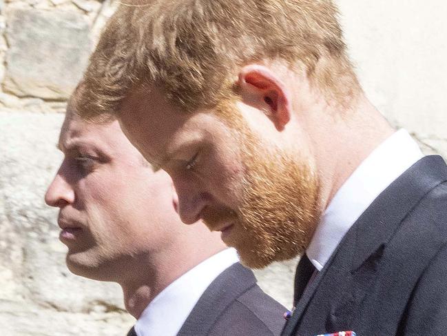 WINDSOR, ENGLAND - APRIL 17: Prince William, Duke of Cambridge and Prince Harry, Duke of Sussex take part in the Ceremonial Procession during the funeral of Prince Philip, Duke of Edinburgh at Windsor Castle on April 17, 2021 in Windsor, England. Prince Philip of Greece and Denmark was born 10 June 1921, in Greece. He served in the British Royal Navy and fought in WWII. He married the then Princess Elizabeth on 20 November 1947 and was created Duke of Edinburgh, Earl of Merioneth, and Baron Greenwich by King VI. He served as Prince Consort to Queen Elizabeth II until his death on April 9 2021, months short of his 100th birthday. His funeral takes place today at Windsor Castle with only 30 guests invited due to Coronavirus pandemic restrictions. (Photo by Ian Vogler-WPA Pool/Getty Images)