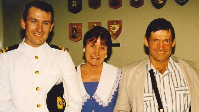 Mark McGowan pictured with his parents Dennis and Mary in 1995. He was aged in his 20s at the time. Supplied: WA Labor