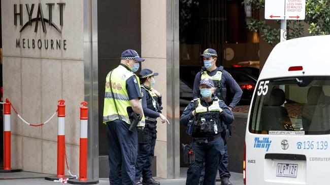 Police outside the Grand Hyatt Hotel in Melbourne. The Hyatt is one of the hotels being used to quarantine international tennis players competing in the Australian Open.Picture: NCA NewsWire / David Geraghty