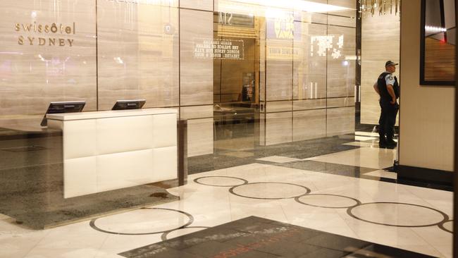 Police at the Swissotel in Market St, Sydney. Picture: Steve Tyson