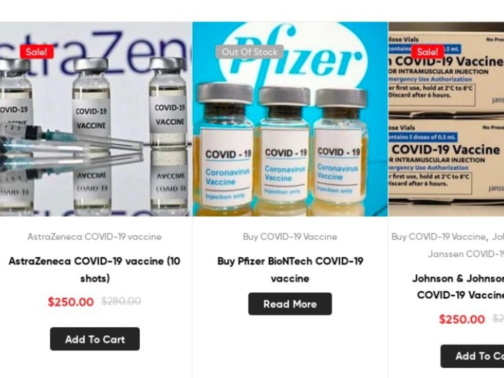 A screenshot of the ‘COVID-19 vaccine’ shop, offering AstraZeneca and Pfizer jabs among others. Source: Coinfirm