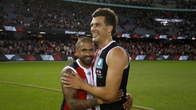 MELBOURNE, AUSTRALIA – APRIL 10: Bradley Hill and Rowan Marshall of the Saints celebrate after the round four AFL match between the St Kilda Saints and the West Coast Eagles at Marvel Stadium on April 10, 2021 in Melbourne, Australia. (Photo by Darrian Traynor/AFL Photos/via Getty Images)