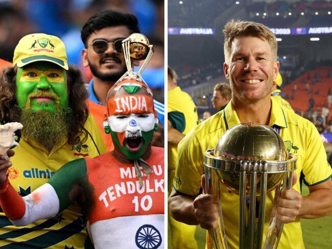 Some fans at the World Cup final and David Warner with the trophy. Photos: AFP and Getty Images