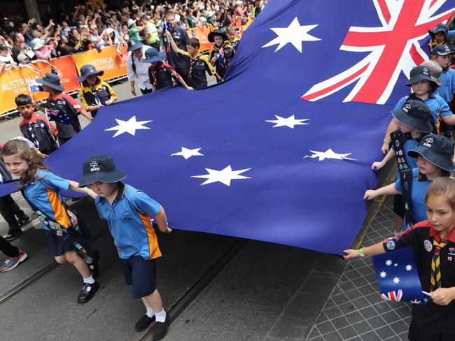 Participants during the Australia Day parade down Swanston Street in Melbourne, Friday, January 26, 2018. (AAP Image/David Crosling) NO ARCHIVING