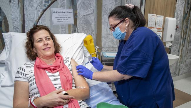 A Brisbane volunteer is injected with UQ's first - and now stopped - Covid-19 vaccine in Phase 1 trials in July 2020.