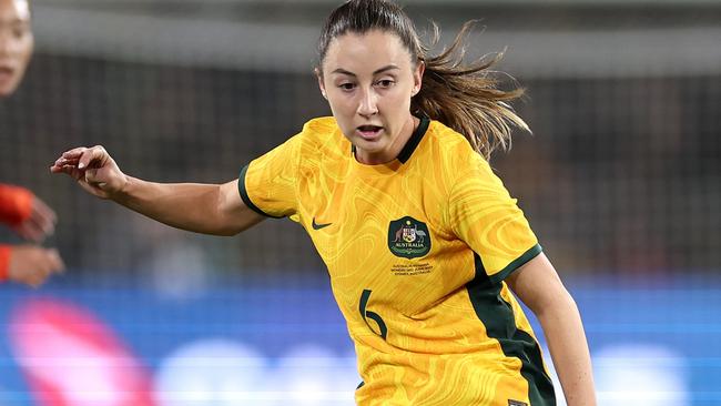 SYDNEY, AUSTRALIA - JUNE 03: Clare Wheeler of Australia kicks the ball during the international friendly match between Australia Matildas and China PR at Accor Stadium on June 03, 2024 in Sydney, Australia. (Photo by Cameron Spencer/Getty Images)