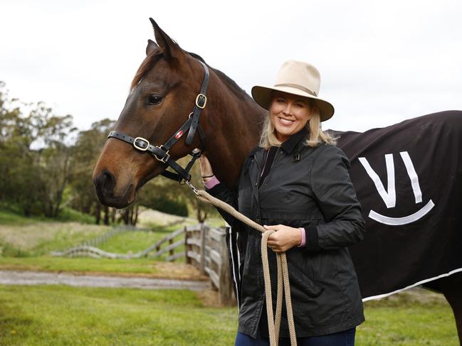 Samantha Armytage at her Southern Highlands home with Chris Waller-trained horse Seafall. Picture: Richard Dobson