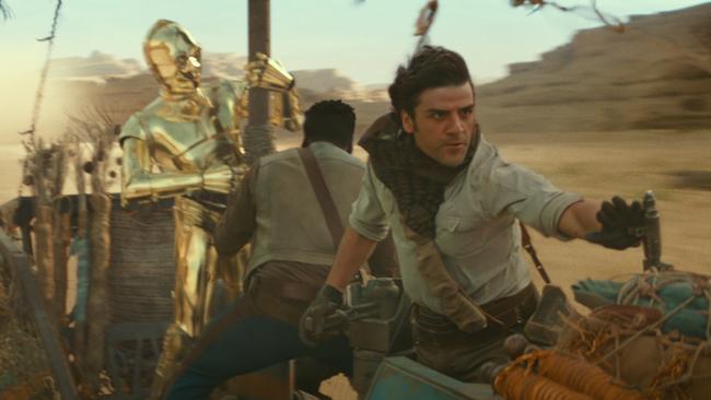 C-3PO (Anthony Daniels), Finn and Poe in a scene from Star Wars: The Rise of Skywalker. Picture: Disney / Lucasfilm