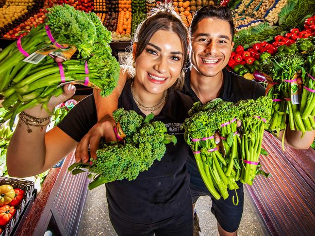 Nikki and Peter Michaelides at their family store Neighbourhood Market Co at Everton Park are lucky have their hands on some broccolini after a national shortage. Picture: Nigel Hallett