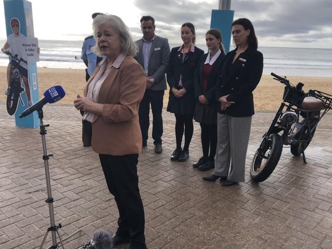 Mayor Sue Heins at the launch, at Manly Beach, of the "E Bike – Know The Code" campaign. Cr Heins said “what we’re trying to avoid here is death or injury”. Picture: Jim O’Rourke