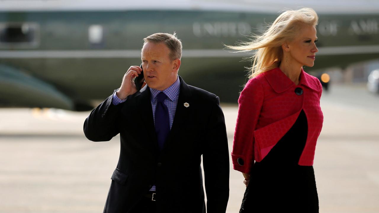 Then White House spokesman Sean Spicer and Conway wait for US President Donald Trump to arrive to board Air Force One from Joint Base Andrews, in Maryland, US, in January, 2017. Conway had recently come under fire after defending the Press Secretary’s false statement about attendance numbers at Trump’s inauguration - with Conway stating that Spicer was giving “alternative facts” Picture: Reuters