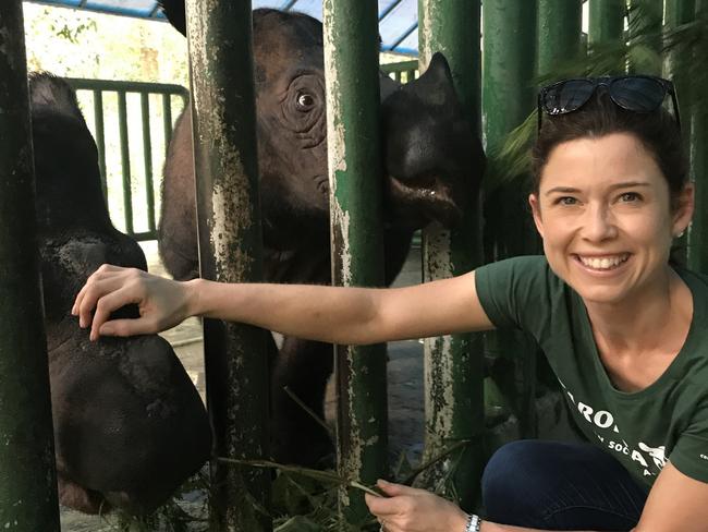 Channel Nine presenter Amber Sherlock at the rhino sanctuary during a recent trip to Sumatra.