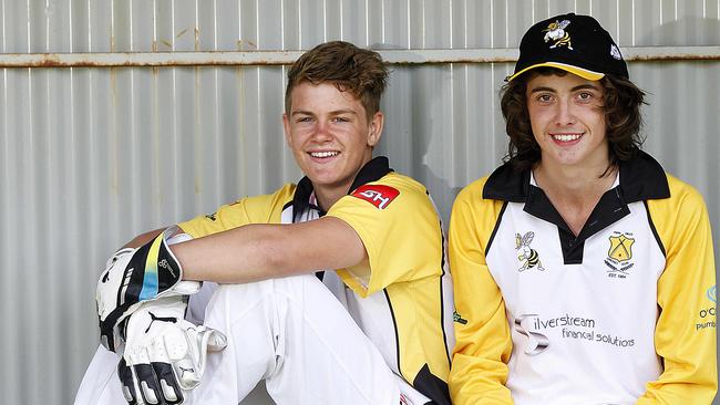 Para Hills junior cricketer Harvey Box (16yrs) took a hat-trick last weekend and all three wickets were stumped by keeper Corey Hall (16yrs). [PIC] Corey and Harvey before a game at Para Hills Cricket Club. pic by Bianca De Marchi