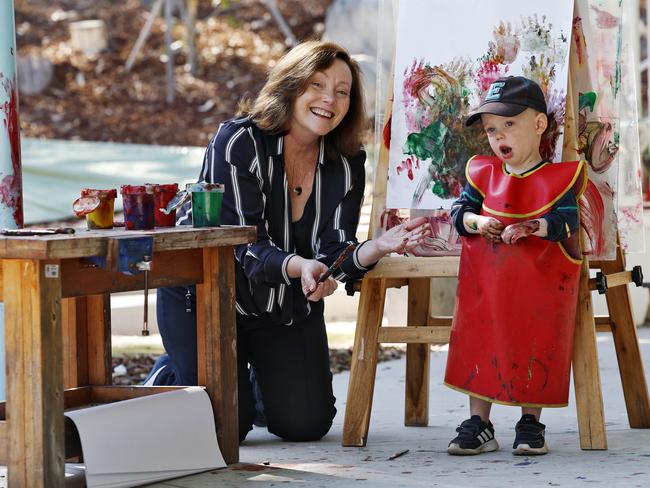 Ms O’Connor at St Joseph’s Preschool and Long Day Care in Rosebery with Edward Antico. the SCECS CEO says a pay rise for educators is just one part of the puzzle. Picture: Sam Ruttyn