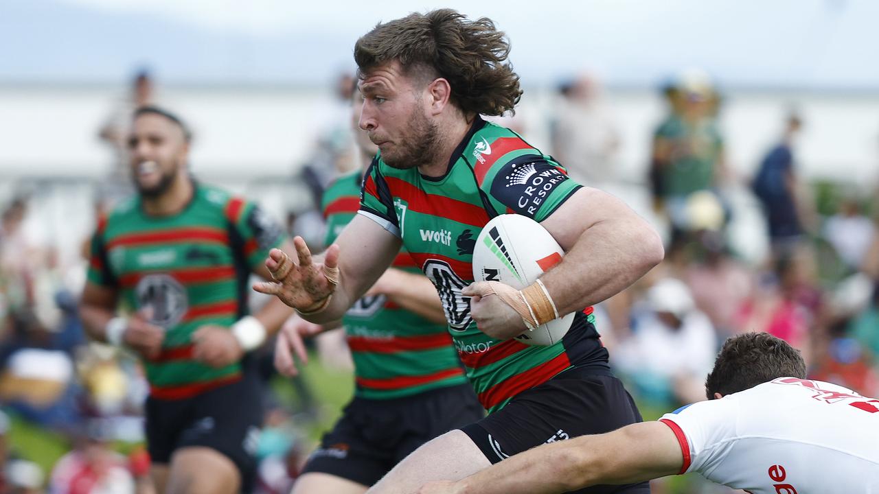 Souths' Jai Arrow charges up the field in the National Rugby League (NRL) Round 24 match between the South Sydney Rabbitohs and the St George Illawarra Dragons, held at Barlow Park, Cairns. Picture: Brendan Radke